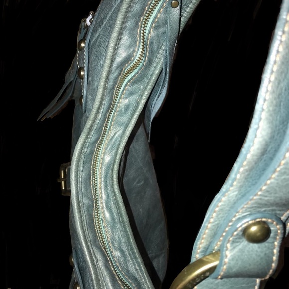 ISABELLA FIORE Vtg Large Blue Metallic Shimmer Stud Leather Hobo Handbag Satchel - Picture 10 of 16